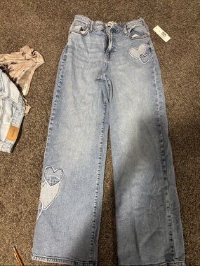 No Boundaries Light Blue Wide-Leg Heart Patch Jeans